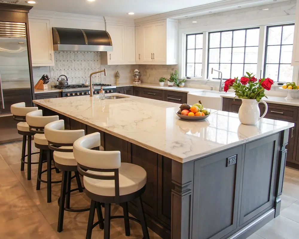 A remodelled custom kitchen with stone counters